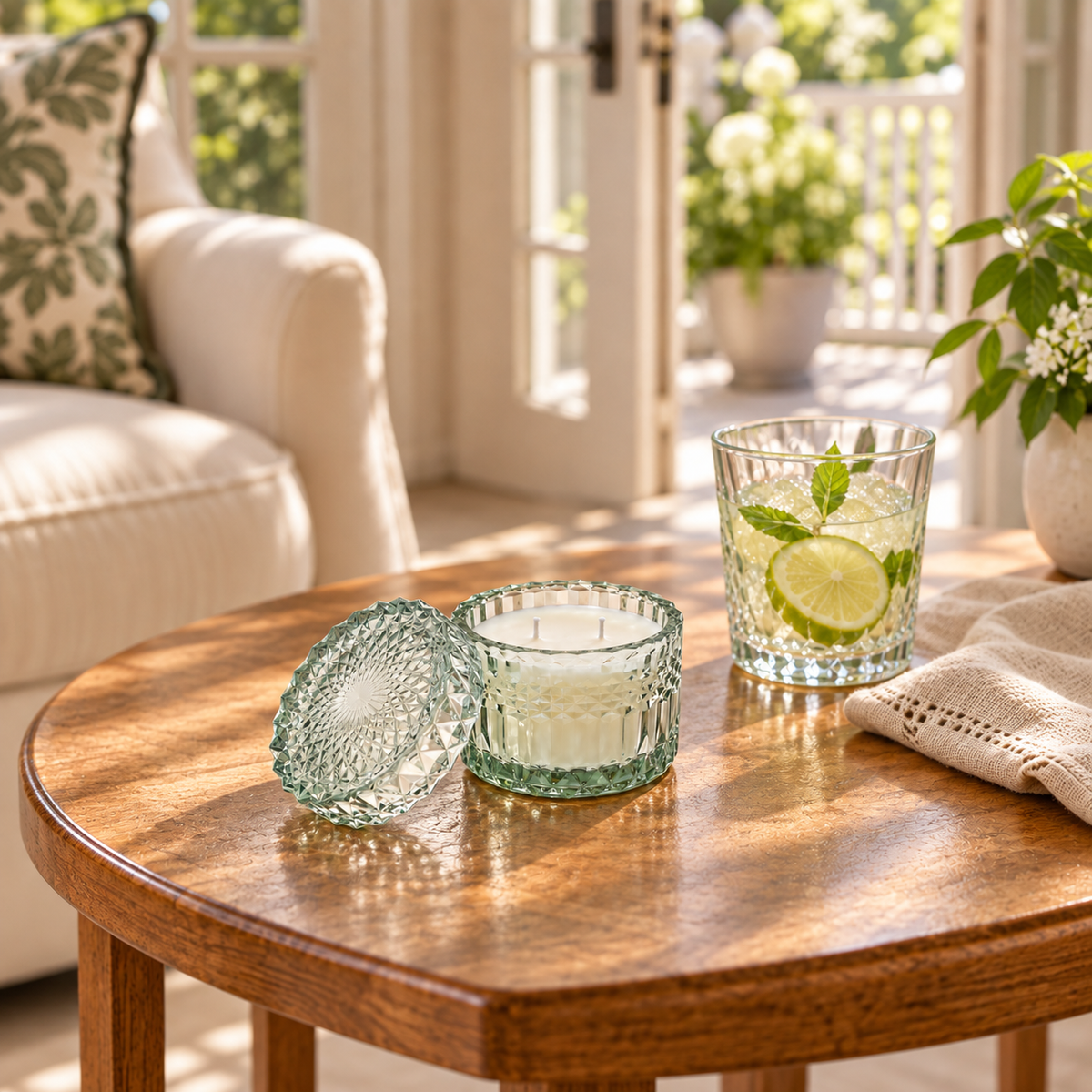 A small textured glass candle jar with its matching lid beside it on a wooden table, with a glass of mojito nearby in a bright, sunlit living room setting.
