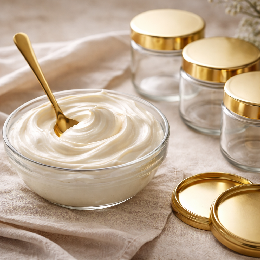 Glass bowl with whipped body butter and gold spoon, surrounded by jars with gold lids on a light fabric background.