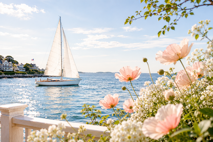 Sailboat on a calm blue sea with flowers in the foreground