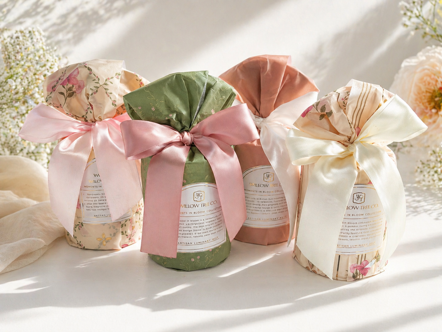 Luxury candle gift sets wrapped in floral paper with satin ribbons in blush, sage, and cream tones, styled with soft florals for an elegant spring gifting moment.