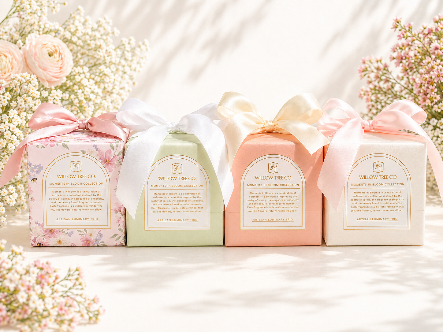 Trio candle gift set in pastel boxes with satin bows, featuring luxury spring fragrances from the Moments in Bloom collection, styled in a bright, airy editorial setting.