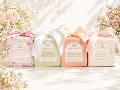 Trio candle gift set in pastel boxes with satin bows, featuring luxury spring fragrances from the Moments in Bloom collection, styled in a bright, airy editorial setting.